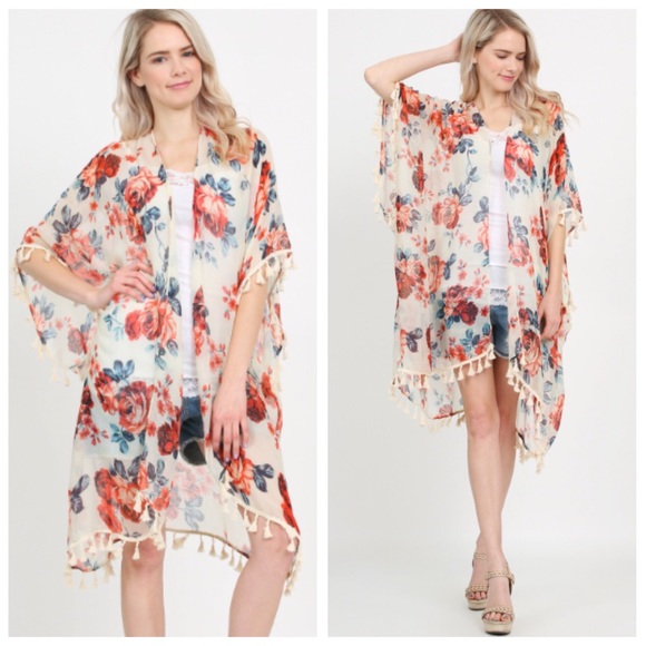 White Floral Tassel Kimono - Picture 2 of 6